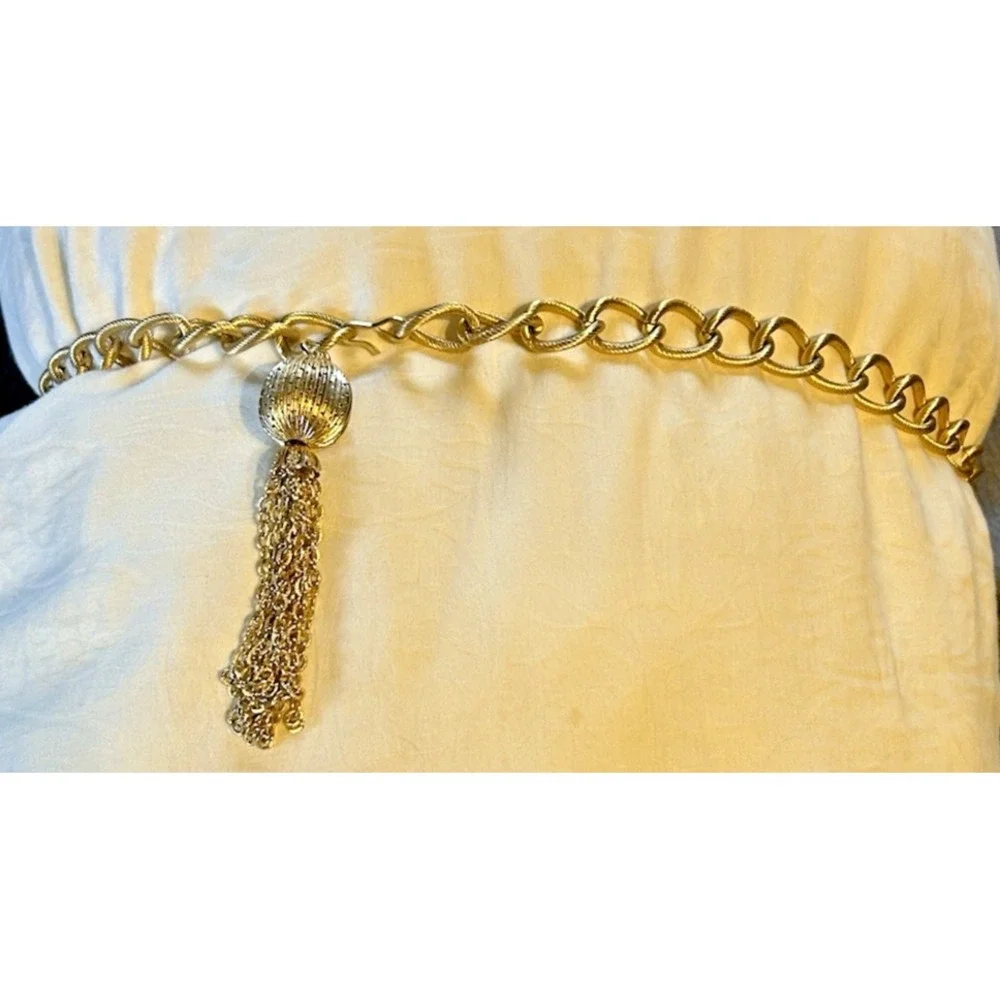 Vintage Gold Tone Chain Belt with Tassel Orb Pendant Textured Link Adjustable